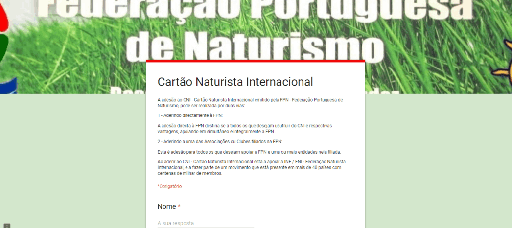 Formulário on-line para inscrição